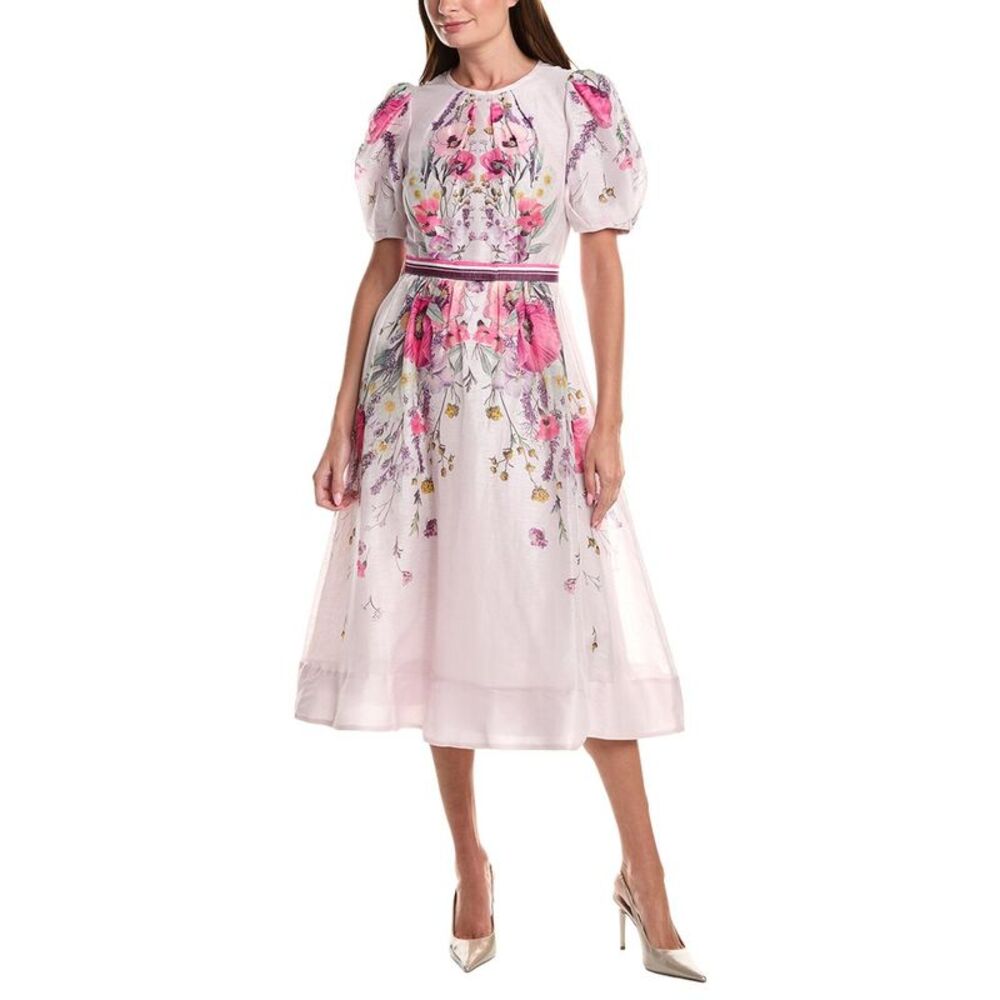 Teri Jon By Rickie Freeman Womens Puff Sleeve Placement Print Silk &